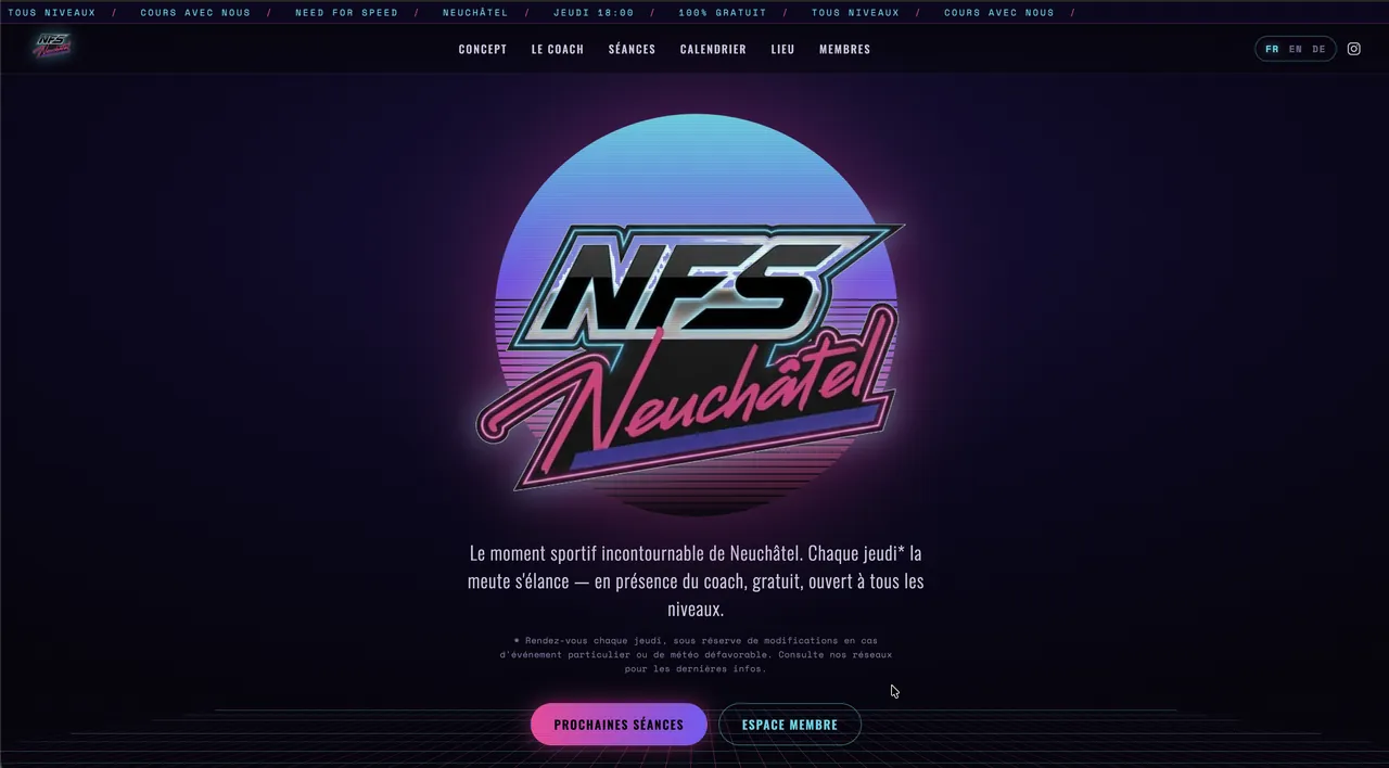 Page d’accueil du site NFS Neuchâtel : logo néon, présentation de l’évènement et accès à l’espace membre