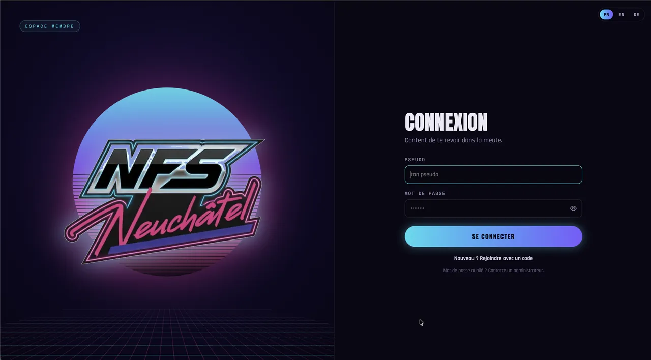Écran de connexion à l’espace membre, avec un lien pour rejoindre le collectif à l’aide d’un code d’invitation